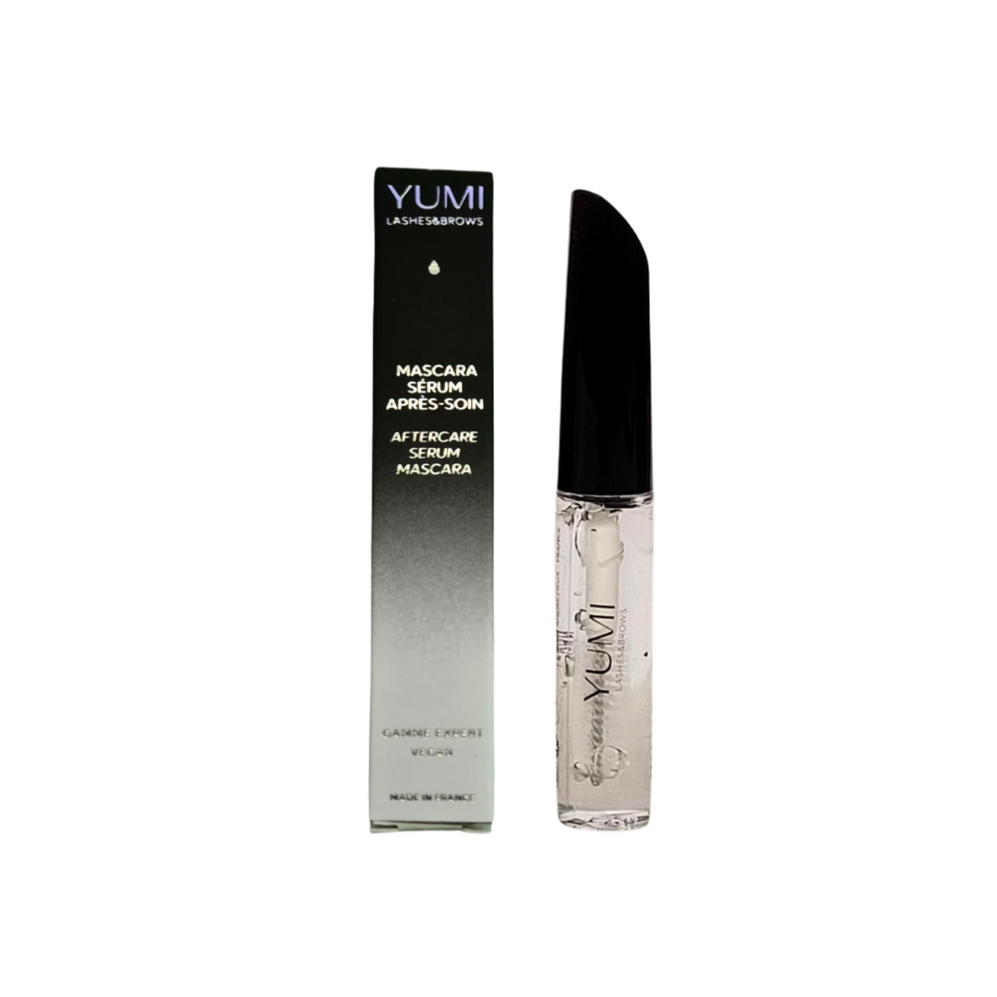 Yumi Lashes Mascara Nourish Serum aftercare product for lashes and brows, featuring a sleek bottle with applicator brush.