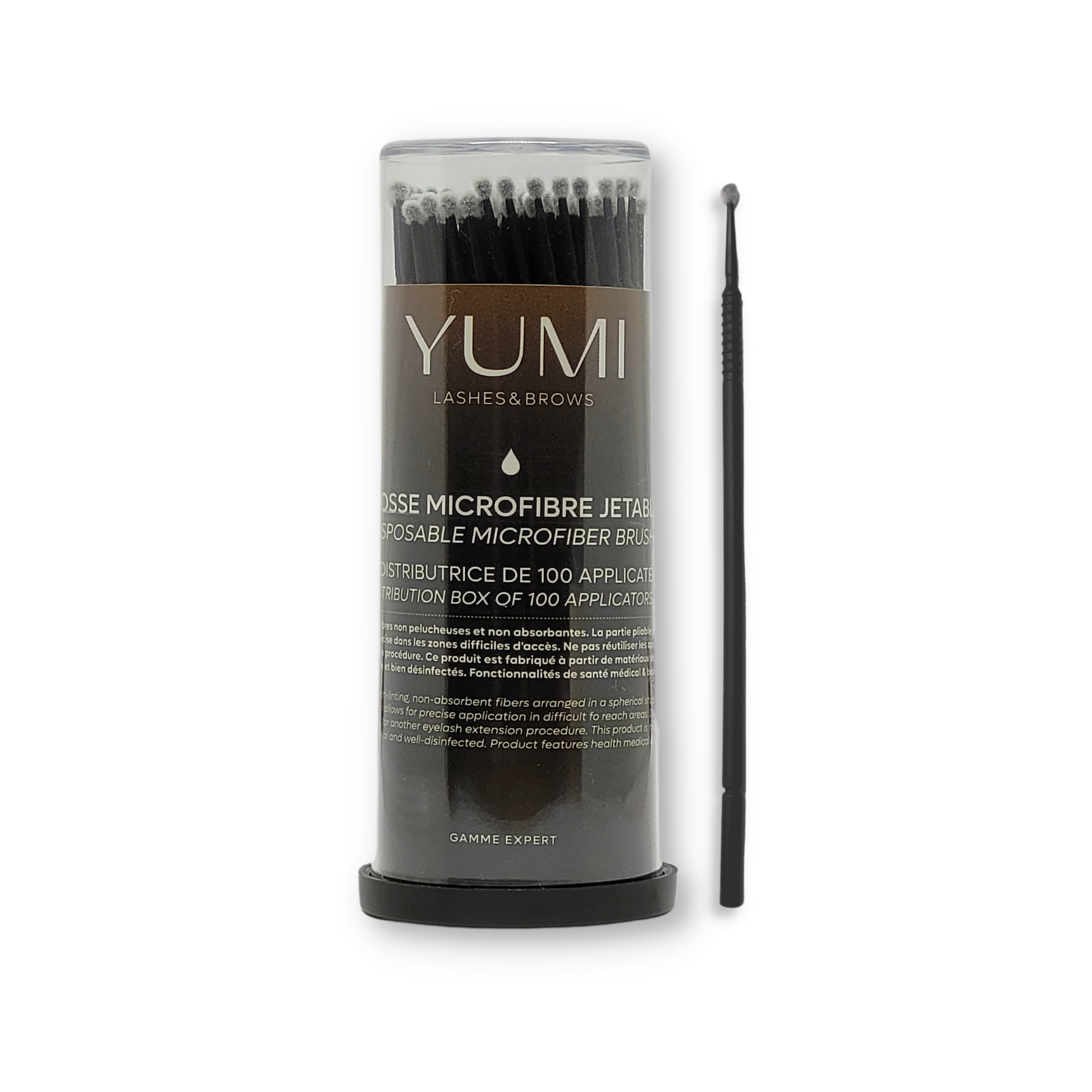 Yumi Lashes microfiber applicator brush for lashes and eyebrows, disposable tool for precise application and grooming.