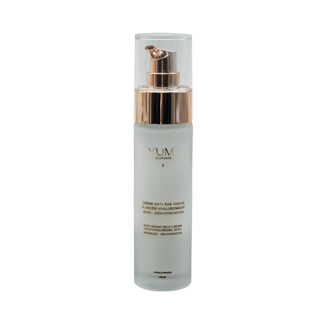 Yumi Skincare anti-aging face cream with hyaluronic acid, moisturizing lotion in a sleek jar, designed for youthful skin.
