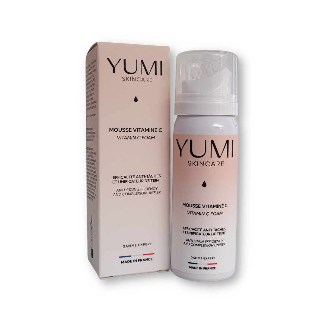 Yumi Skincare Mousse Vitamine C in a foam container, designed for brightening and revitalizing skin with vitamin C.