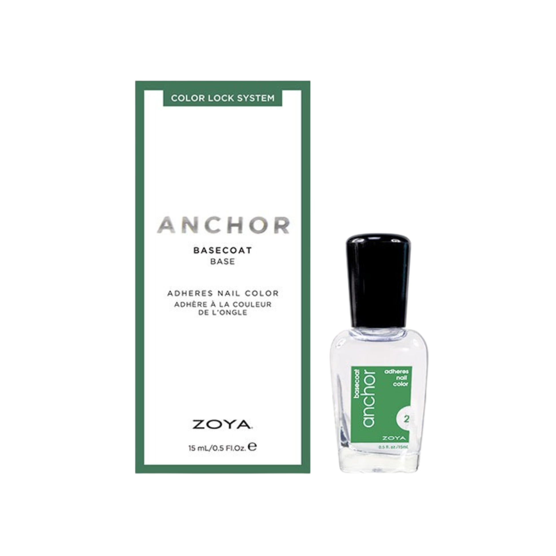 Zoya Anchor Base Coat nail polish bottle in a 15ml container, designed for long-lasting nail application and base protection.