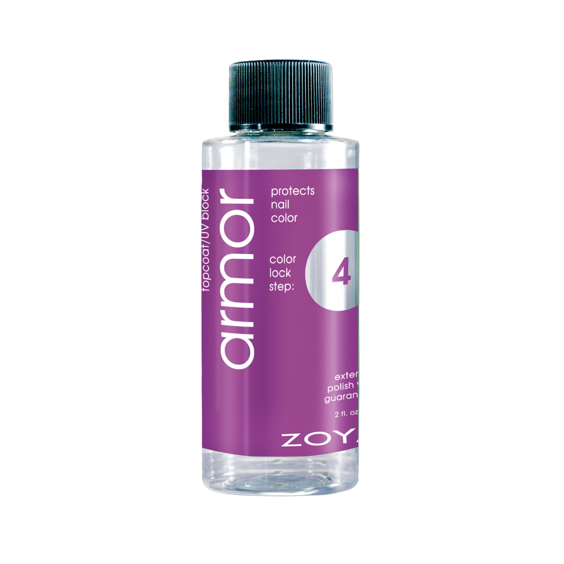Zoya Armor Top Coat nail polish bottle, 60ml, with clear label showing the Zoya brand and product name for protective nail finish.