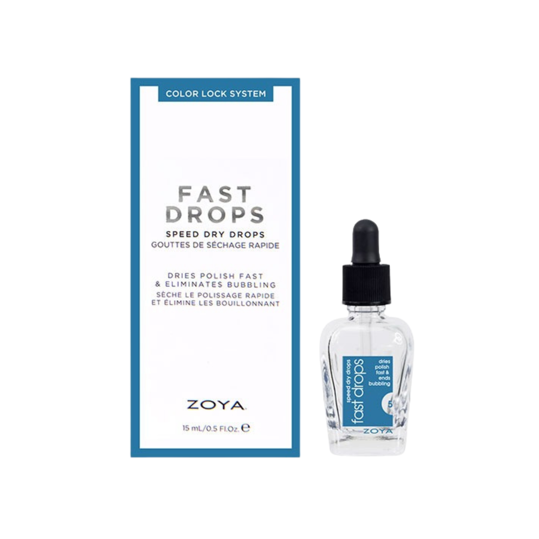Zoya Fast Drops nail polish bottle in 15ml with clear label, showing a sleek glass container for quick-drying nail polish.
