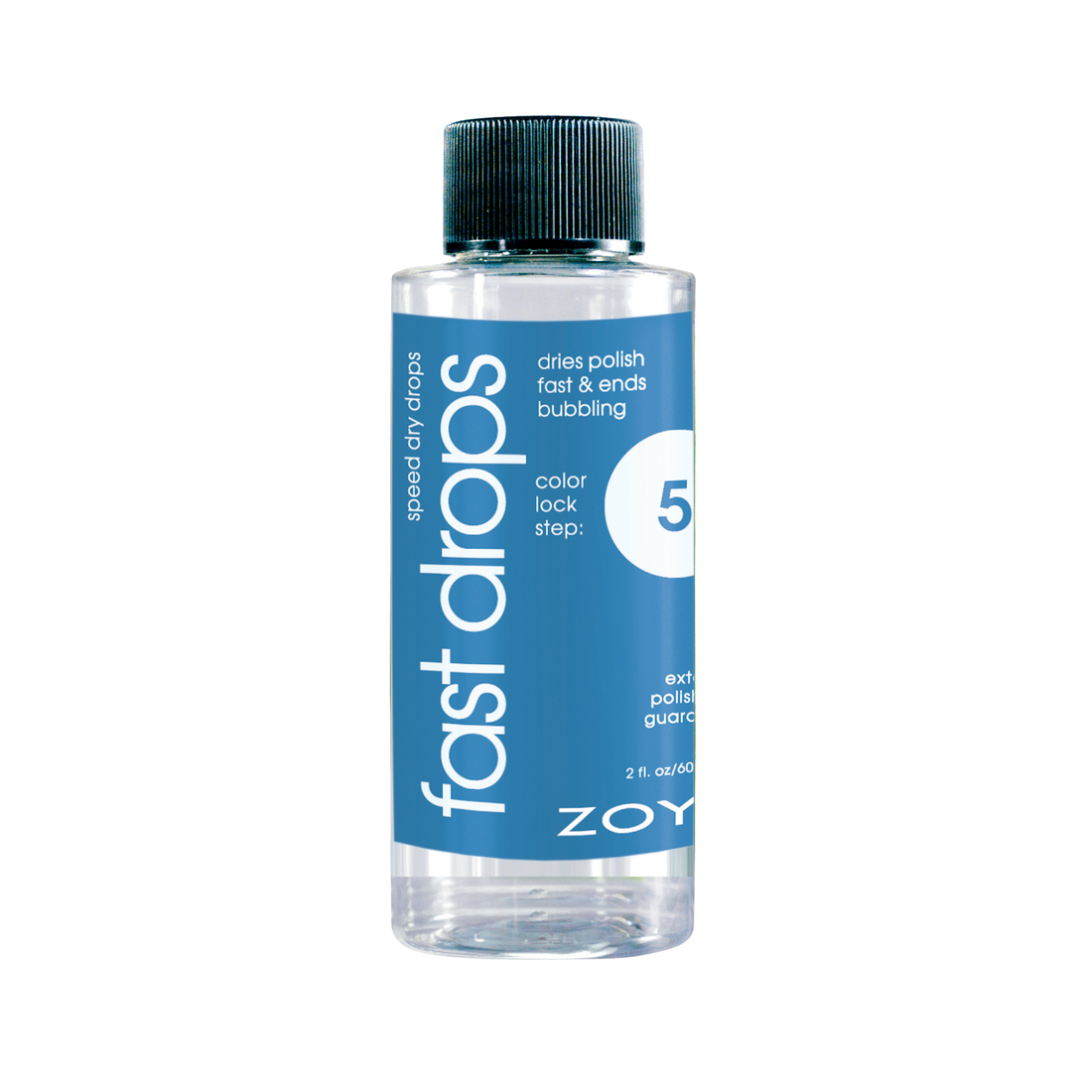 Zoya Fast Drops nail polish in a 60ml bottle with clear label, designed for quick-drying nail care and smooth application.