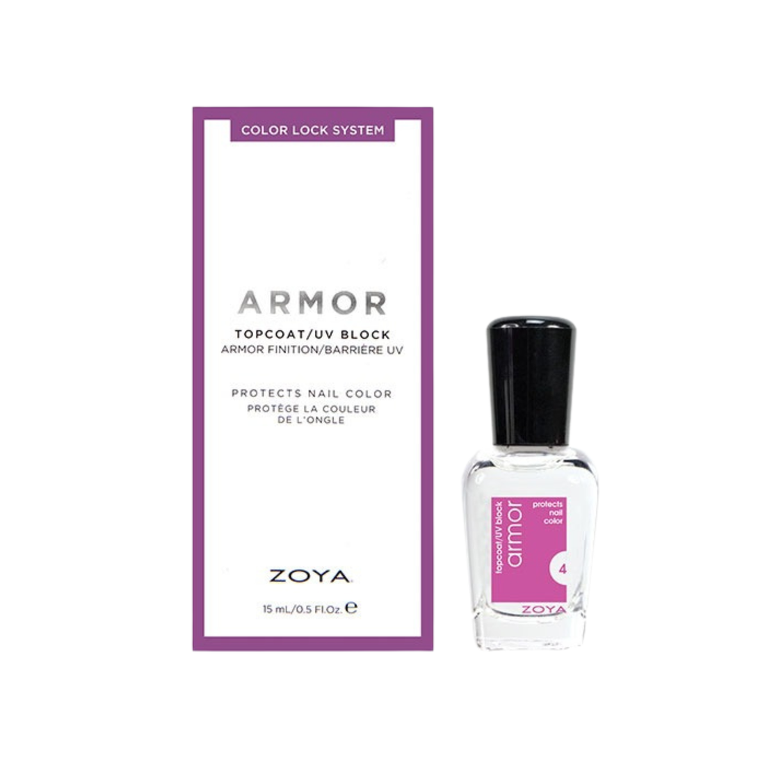 Zoya Armor Top Coat bottle showing its 15ml size, a clear nail polish top coat designed for long-lasting nail protection.