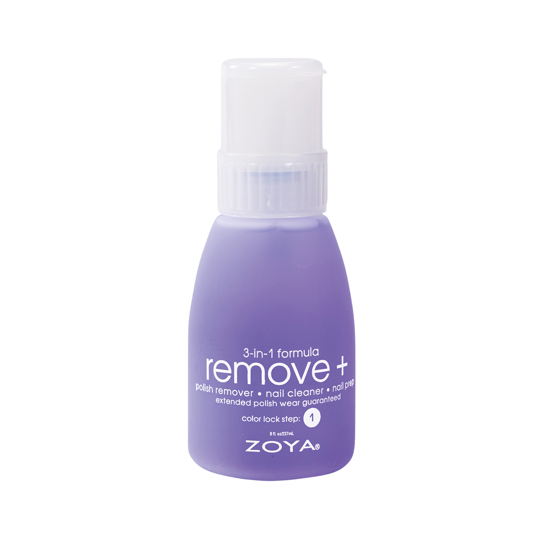 Zoya Remove+ nail polish remover bottle with 240ml capacity, gentle formula for effective nail polish removal.