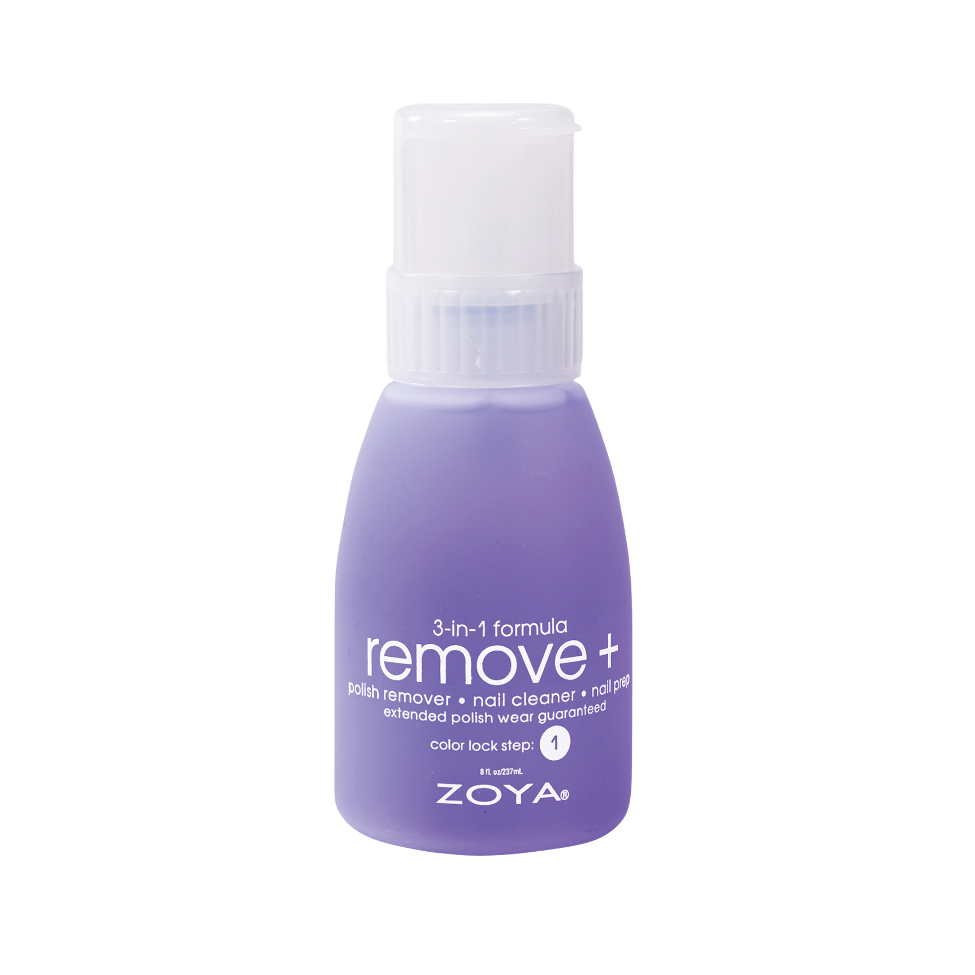 Zoya Remove+ nail polish remover bottle with 240ml capacity, gentle formula for effective nail polish removal.