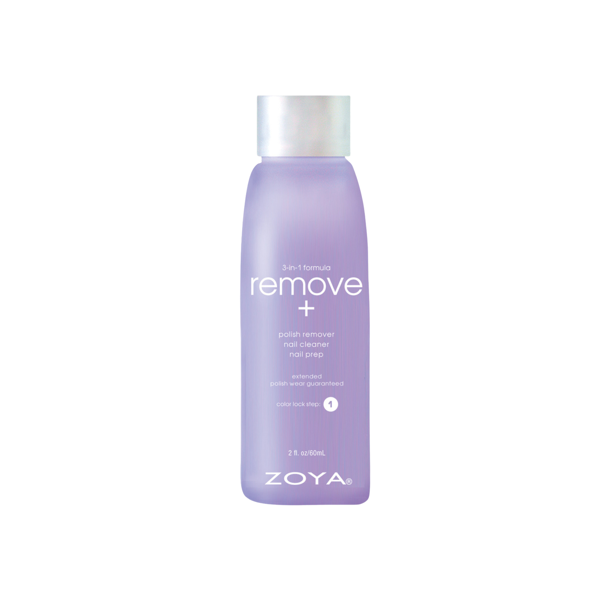 Zoya Remove+ nail polish remover in a 60ml bottle with a clear liquid formula for gentle, effective nail polish removal.