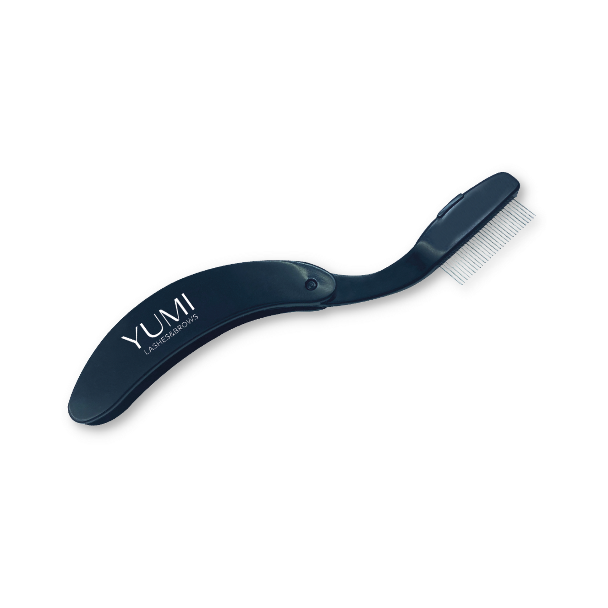 Yumi Brows folding eyebrow comb from Yumi Lashes, compact tool for grooming and shaping eyebrows and lashes.