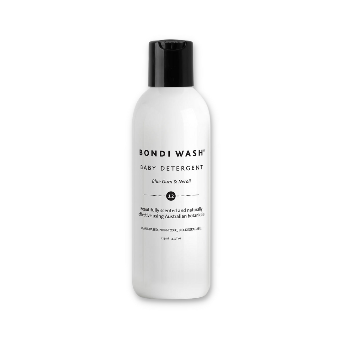 Bondi Wash baby laundry detergent in a 125ml bottle, gentle soap suitable for delicate baby clothes and skin.