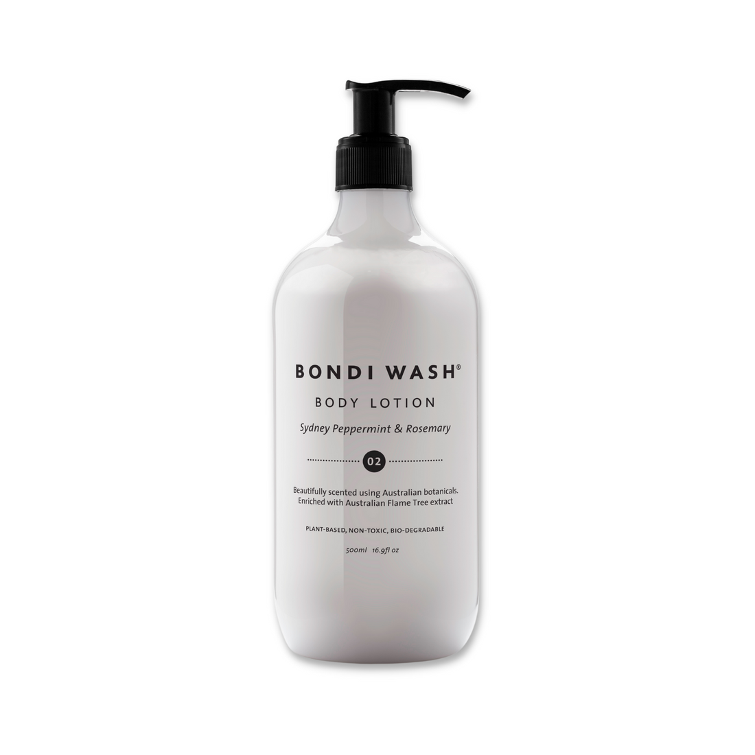 Bondi Wash body lotion in a 250ml bottle, showing the moisturizing cream with natural ingredients and a pump dispenser.