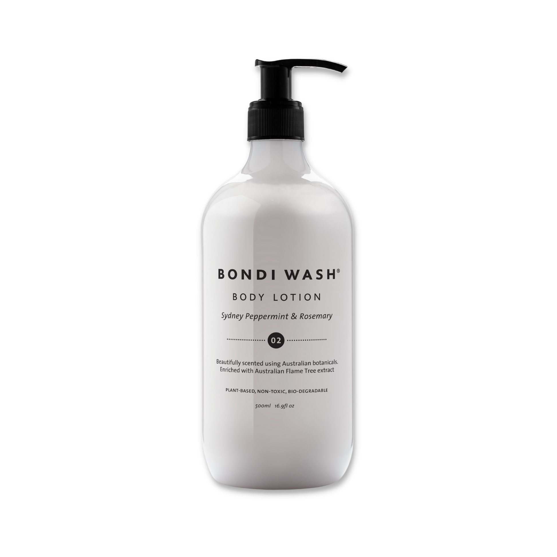 Bondi Wash body lotion in a 250ml bottle, showing the moisturizing cream with natural ingredients and a pump dispenser.