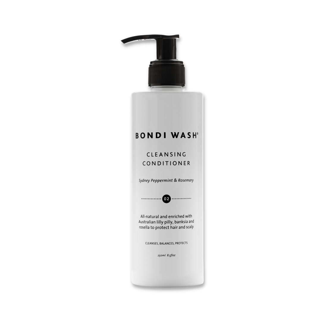 Bondi Wash Cleansing Conditioner bottle with label, creamy texture, and pump dispenser for hair cleansing and conditioning.
