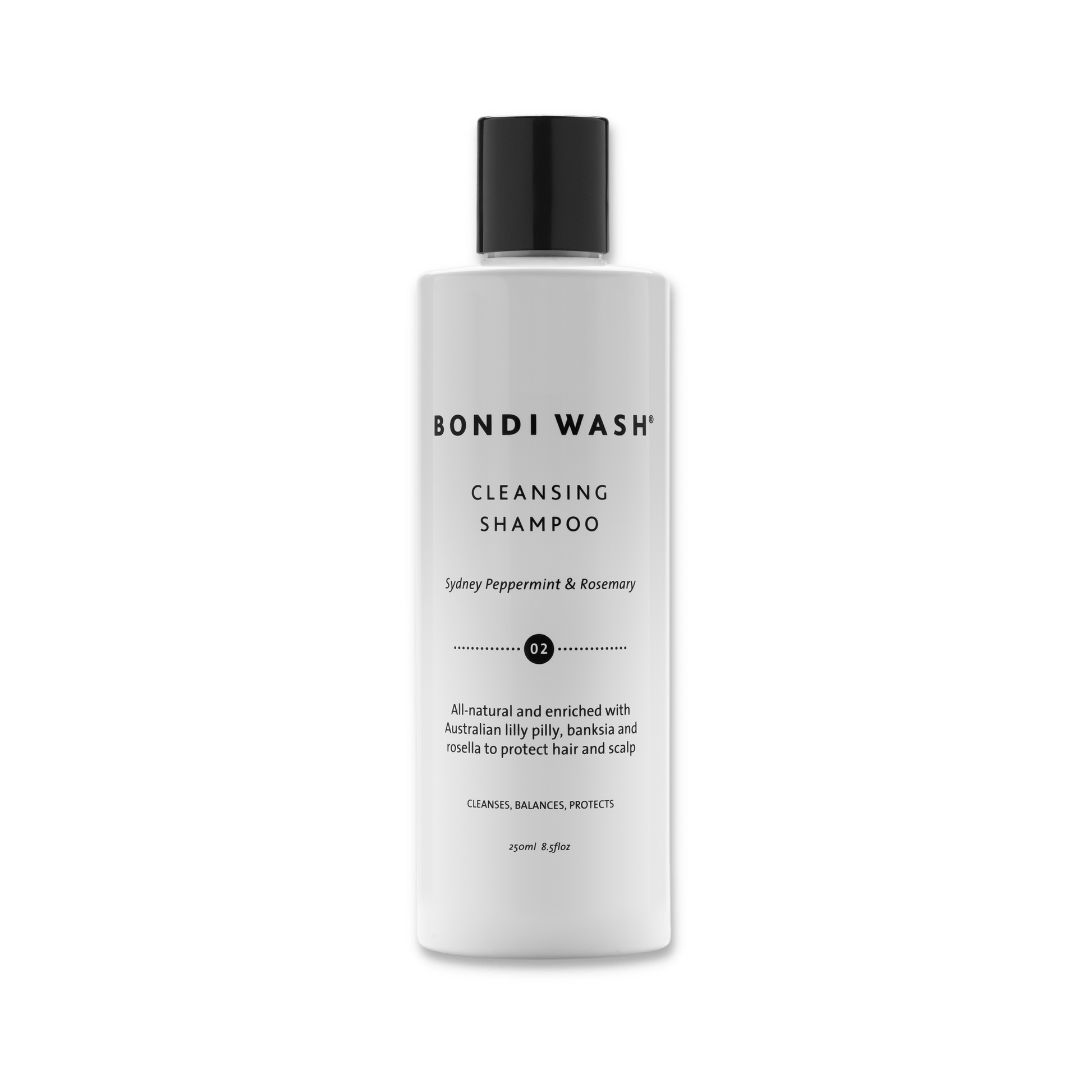 Bondi Wash cleansing shampoo bottle with white label and pump, designed for hair cleansing and scalp refreshment.