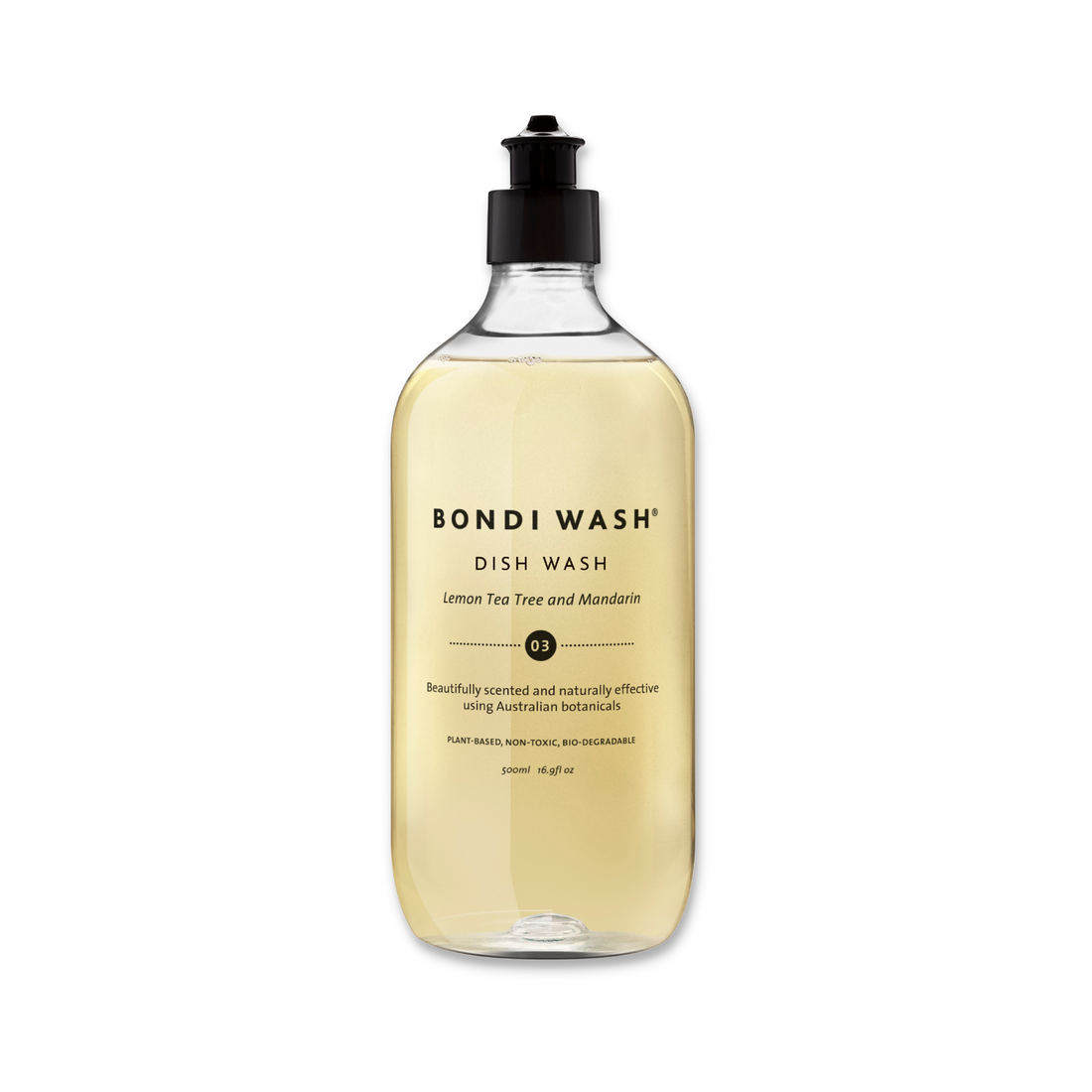 Bottle of Bondi Wash dish soap with a pump dispenser, showing the natural cleaning product for dishes and kitchen utensils.