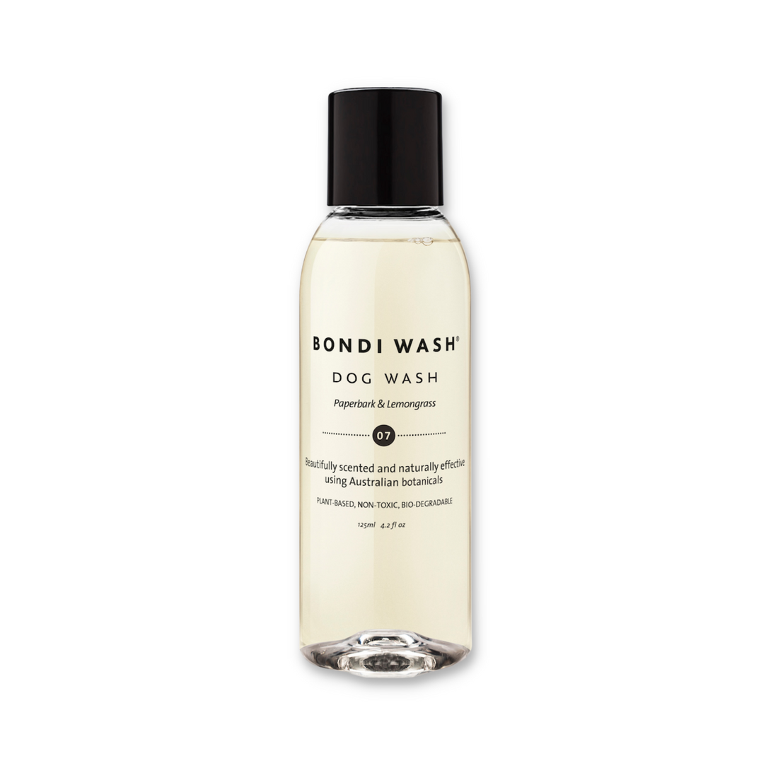 Bondi Wash dog wash bottle showing a 125ml container with natural ingredients and eco-friendly packaging for gentle pet cleaning.