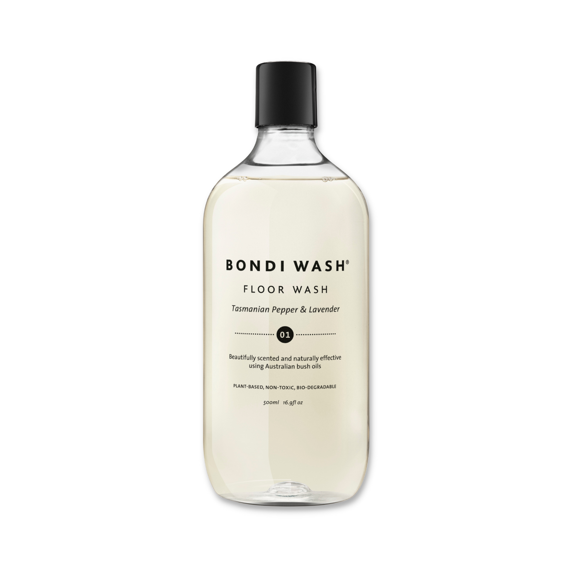 Bondi Wash Floor Wash cleaning product in a bottle, designed for hardwood and tile floors, with a natural and eco-friendly formula.