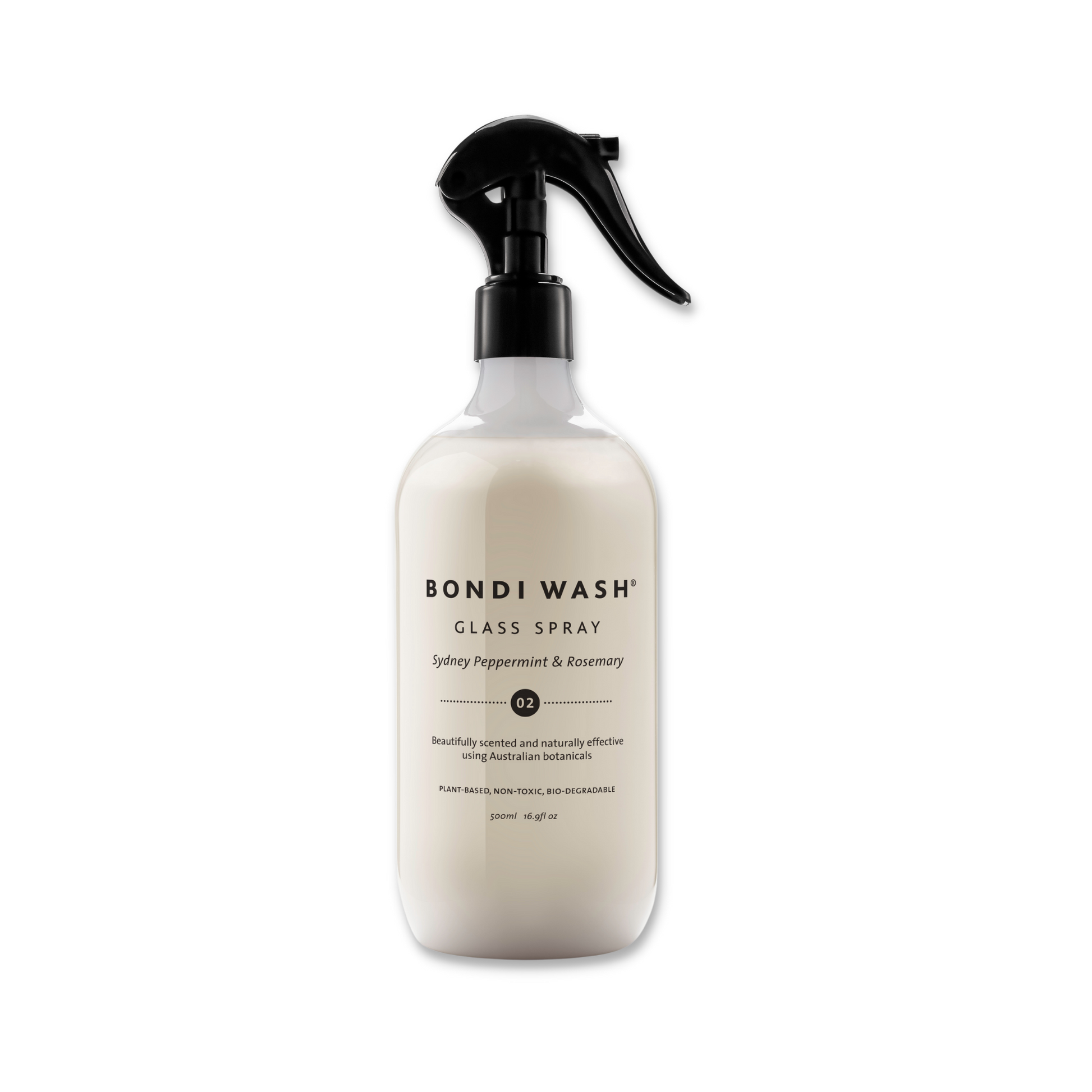 Bondi Wash glass spray bottle with a spray nozzle, designed for cleaning glass surfaces and leaving a streak-free finish.