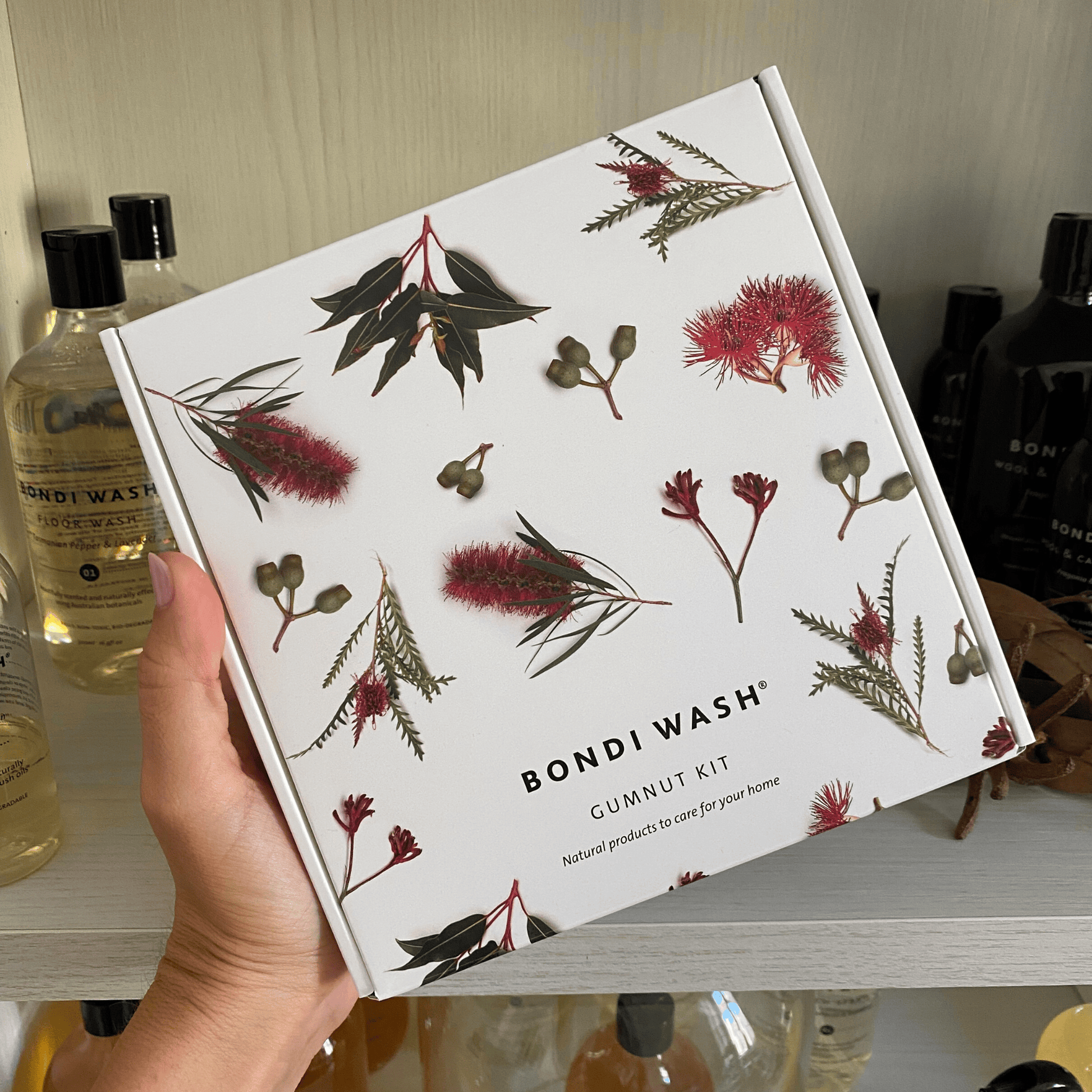 Bondi Wash Gumnut Kit includes natural skincare products with gumnut extracts, displayed in a compact, eco-friendly kit.