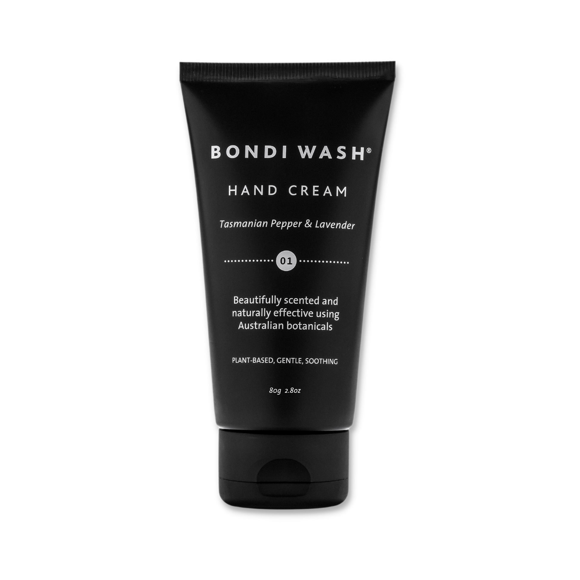 Bondi Wash hand cream in a sleek tube, moisturizing hands with a nourishing hand moisturizer from Bondi Wash.