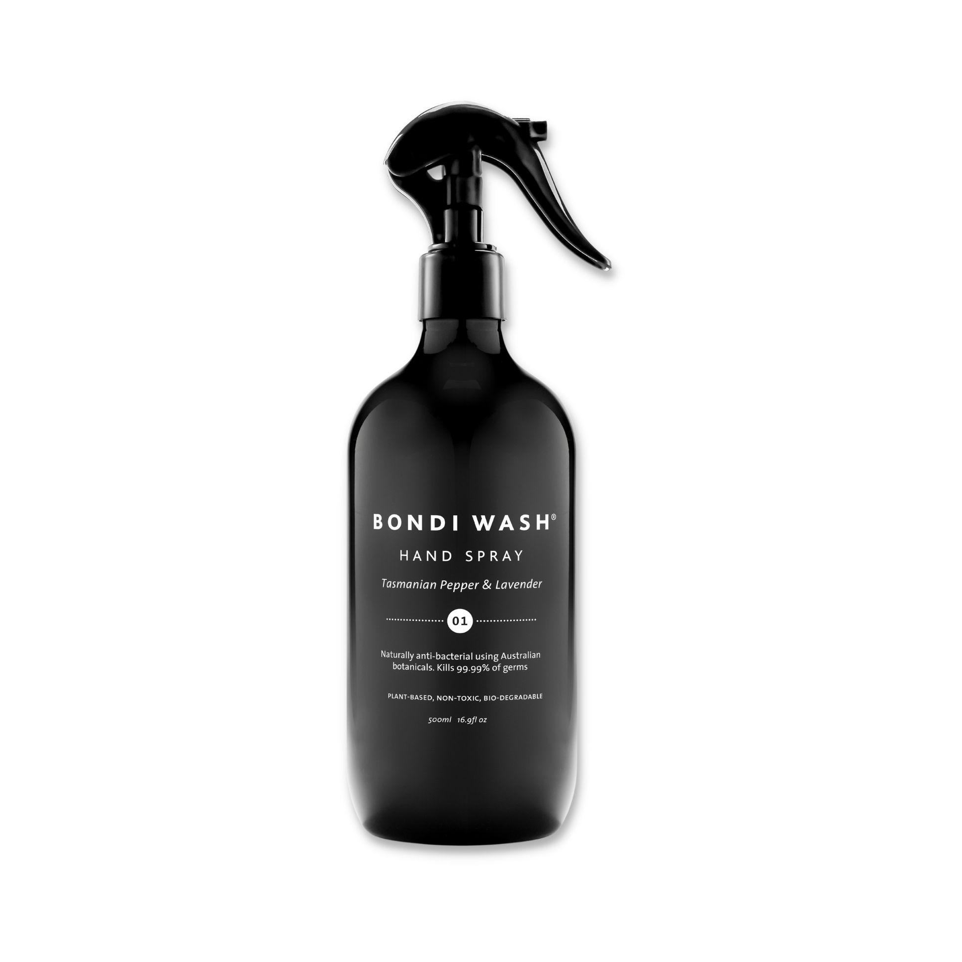 Bondi Wash hand disinfectant spray, clear bottle with pump, showing the Bondi Wash logo and label, for hygienic hand sanitizing.