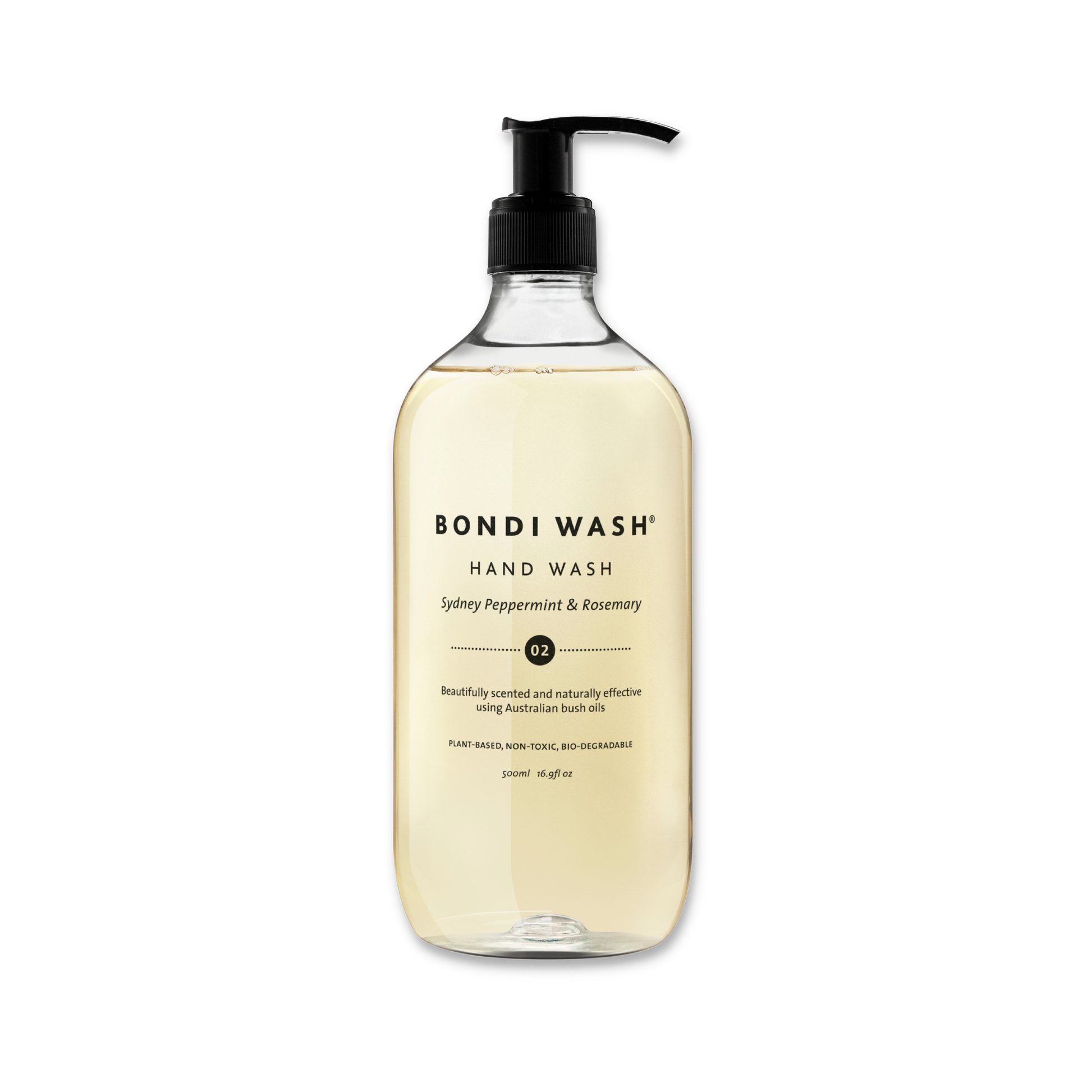 Bottle of Bondi Wash hand treatment with a pump dispenser, showcasing the natural ingredients and clean design.