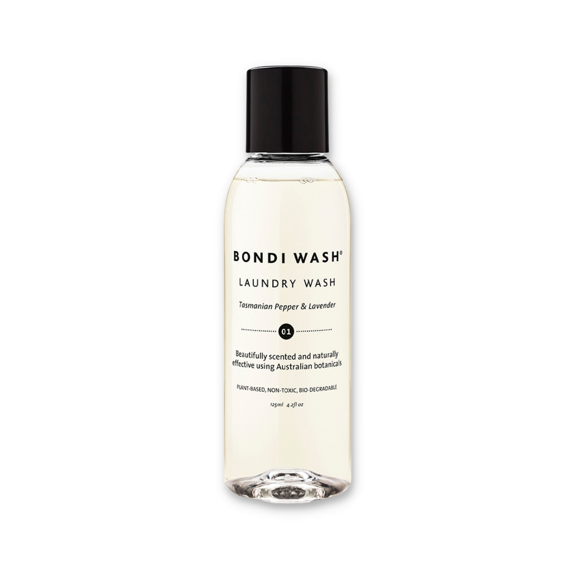 Bondi Wash laundry detergent bottle with 125ml capacity, natural plant-based fabric wash for fresh and clean clothes.