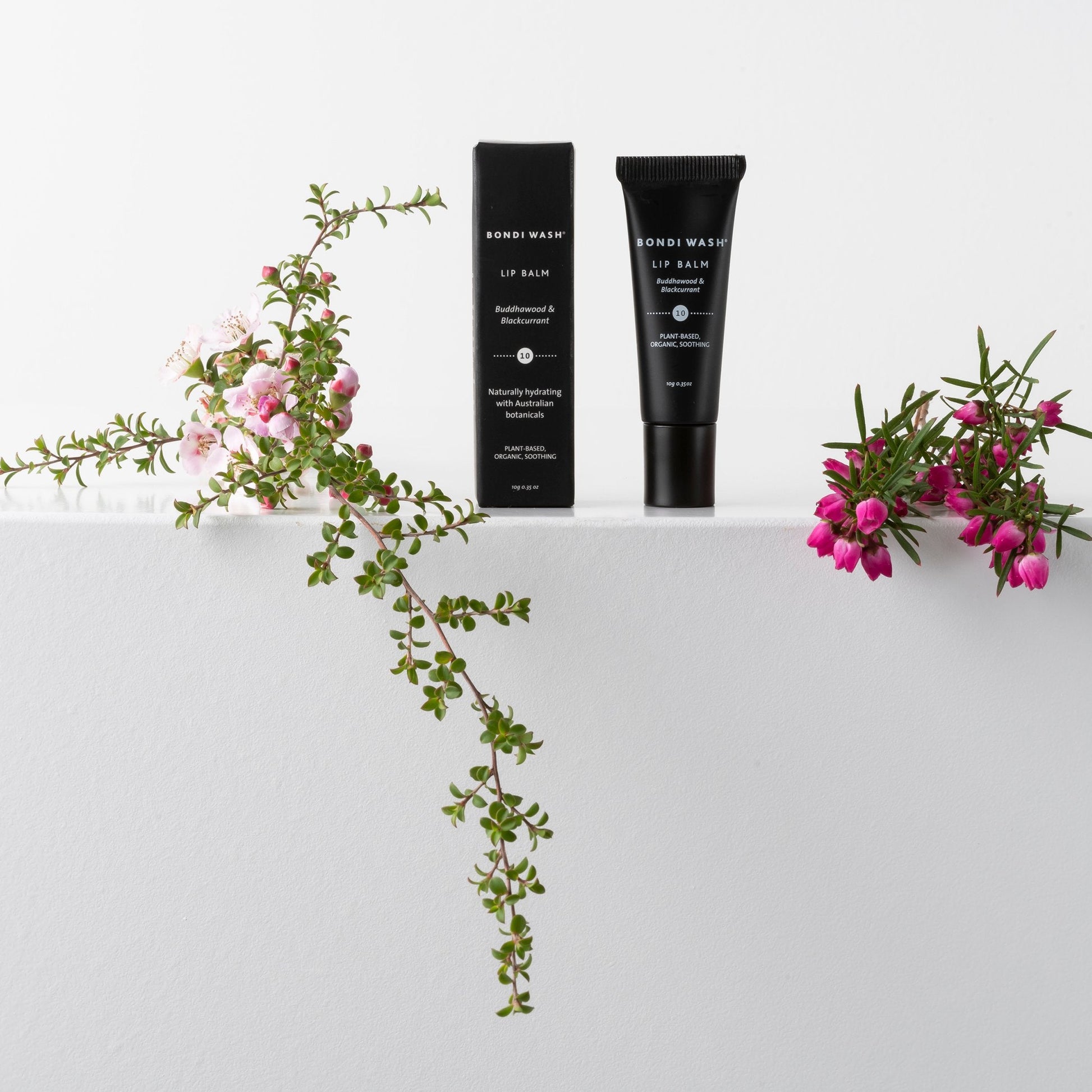 Bondi Wash Lip Balm tube with natural ingredients, featuring a clear label and white cap, designed for nourishing lips.