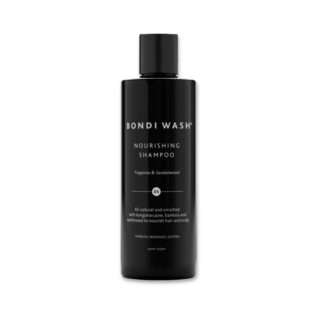 Bondi Wash Nourishing Shampoo bottle with label, featuring a sleek design and clear branding, suitable for nourishing hair care.