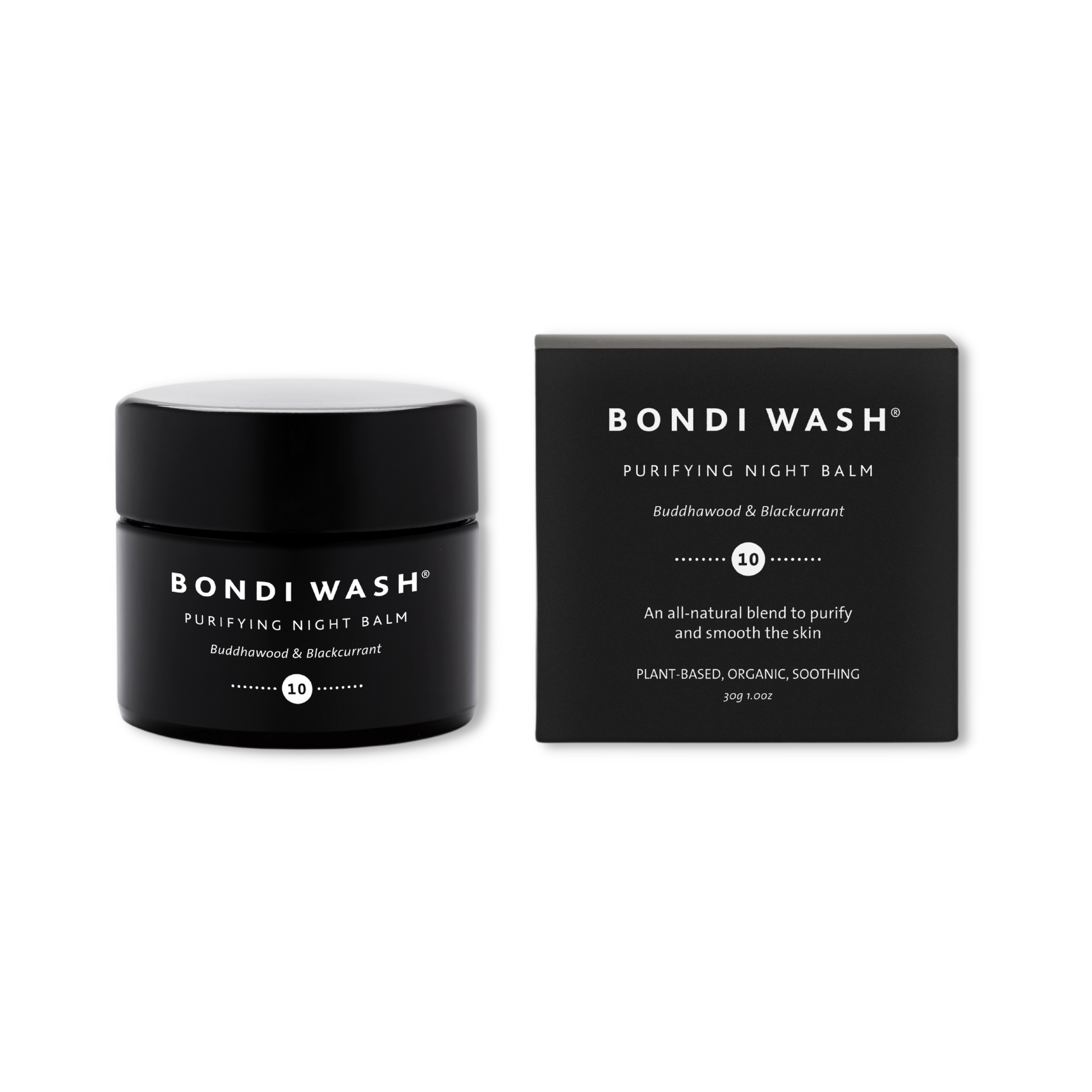Bondi Wash Purifying Night Balm for anti-aging, displayed in a sleek jar with a smooth, creamy texture and minimalist packaging.