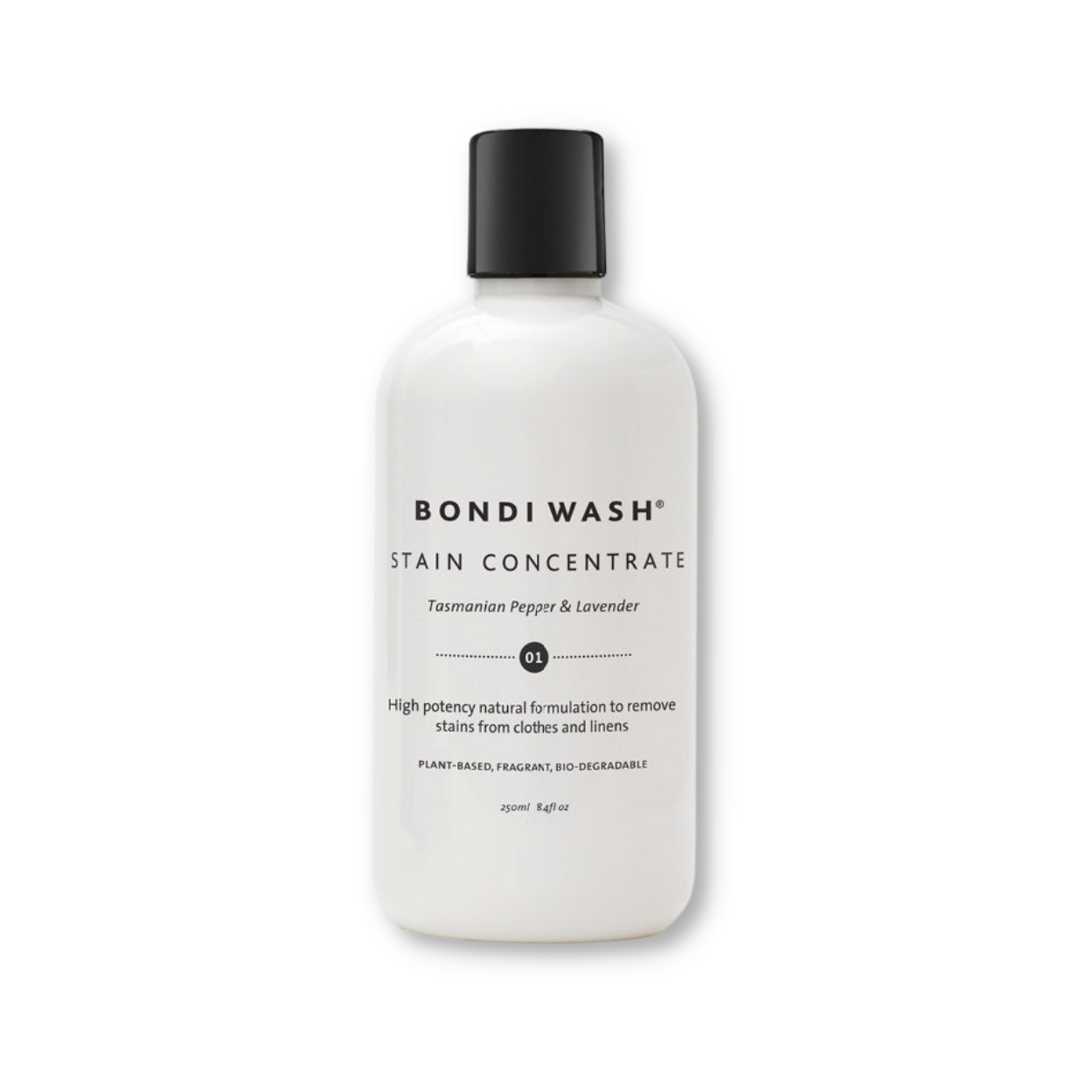 Bondi Wash stain remover concentrate in a 250ml bottle, a natural detergent designed to remove tough stains effectively.