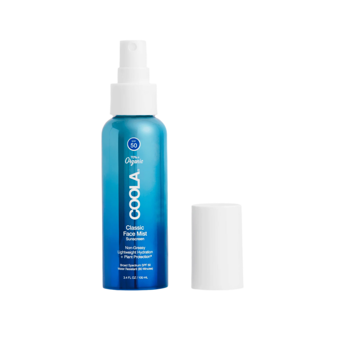 Coola Classic Face Organic Sunscreen Mist SPF50 in a spray bottle, featuring clear labeling and a lightweight, portable design.