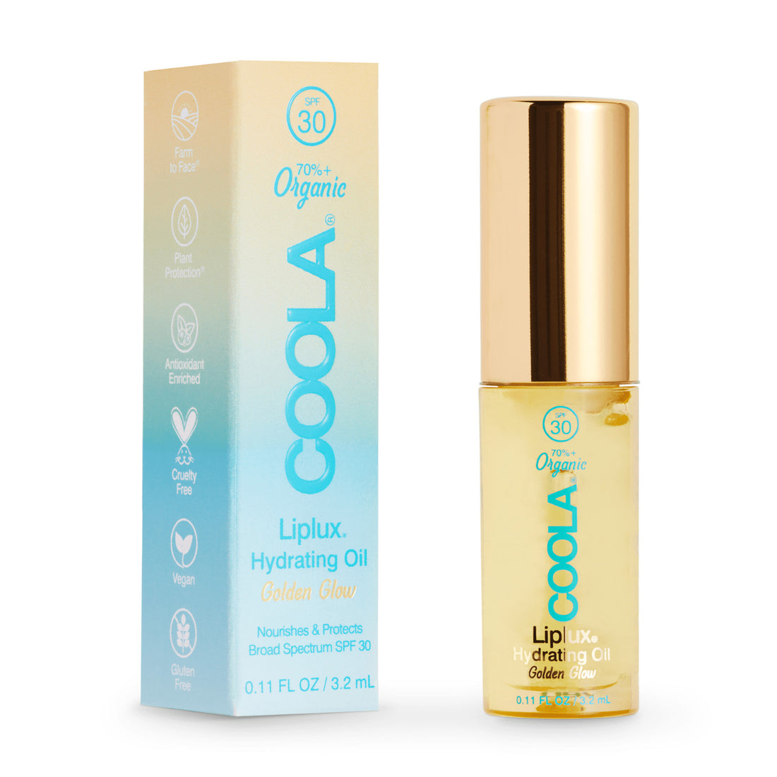 Coola Classic Liplux Organic Hydrating Lip Oil Sunscreen SPF30 with a clear tube and applicator brush beside a sunny background.
