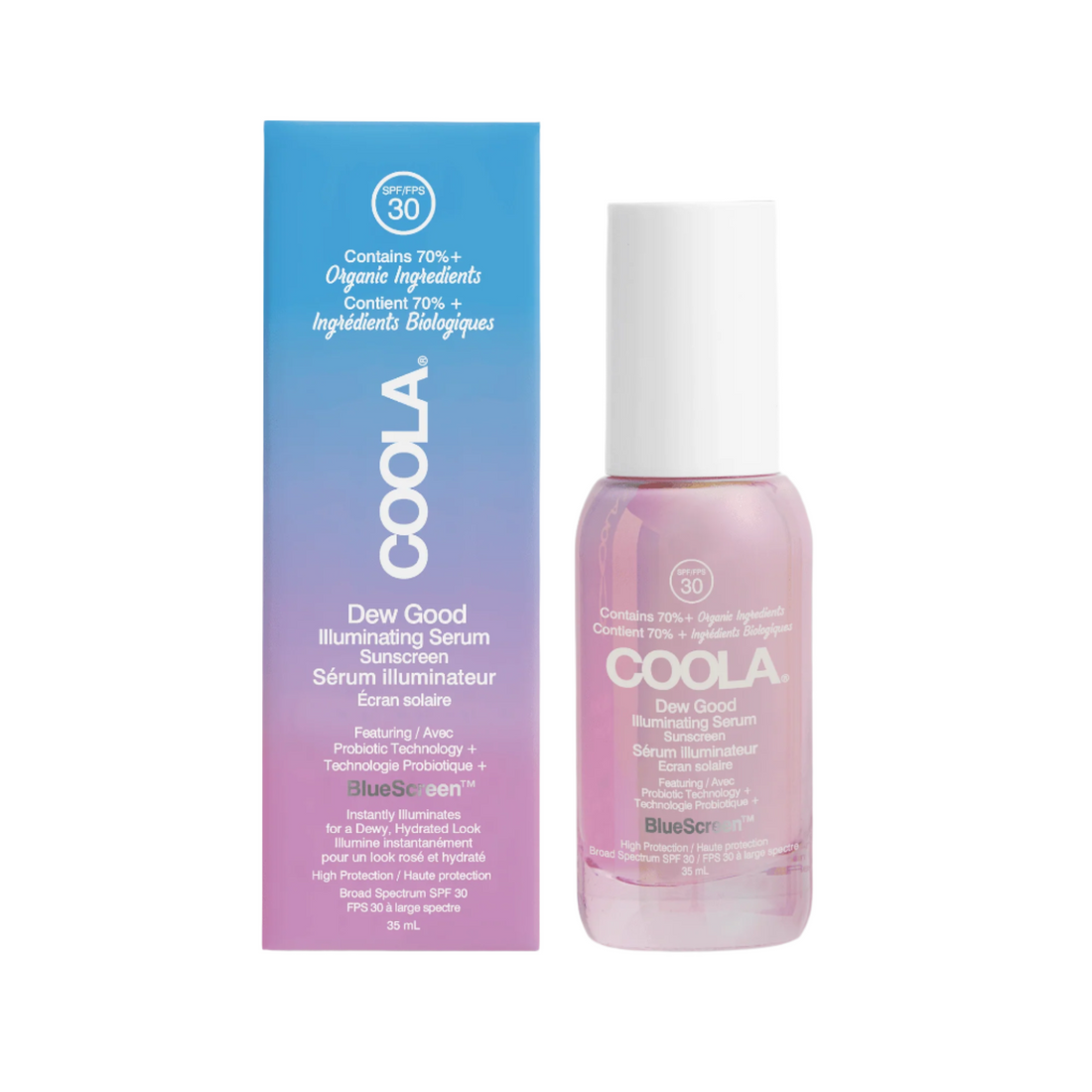 Coola Dew Good Illuminating Face Serum SPF30 in a sleek bottle, moisturizing and brightening with sun protection from Coola Suncare.