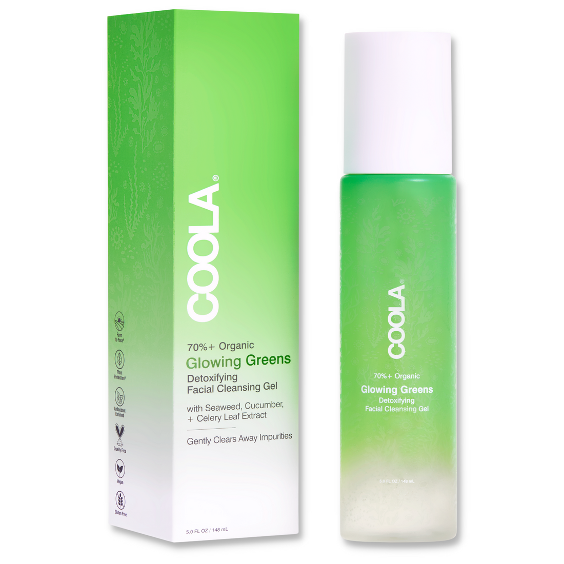 Coola Glowing Greens Detoxifying Facial Cleansing Gel from Coola Suncare, shown in a clear tube with green accents.