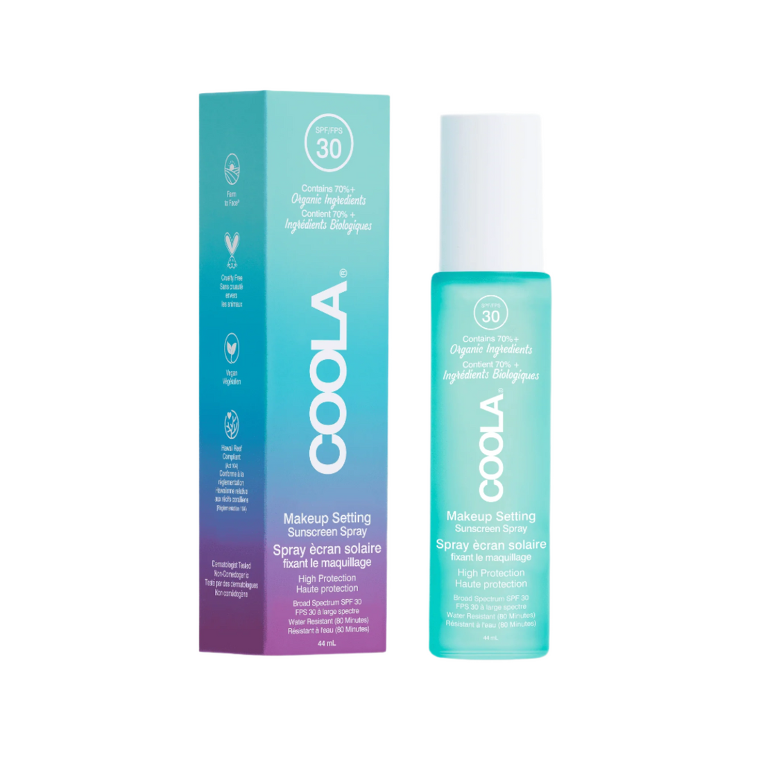 Coola Suncare Organic SPF30 Makeup Setting Spray with sunscreen, clear bottle, and spray nozzle, designed to set makeup and protect skin.