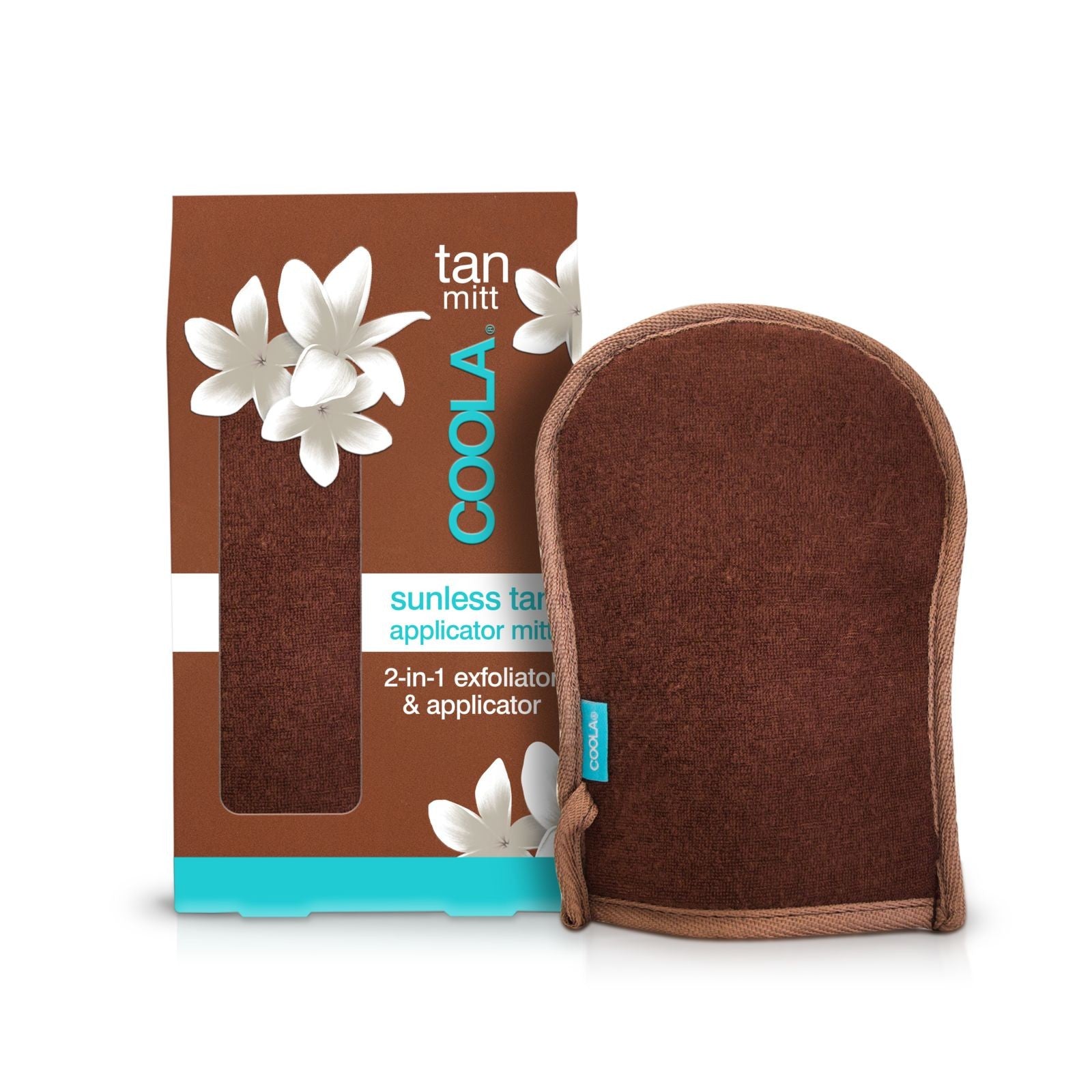 Coola Organic Sunless Tan 2-in-1 applicator mitt for self tanning, soft and reusable, designed for smooth, even application of self tanner.