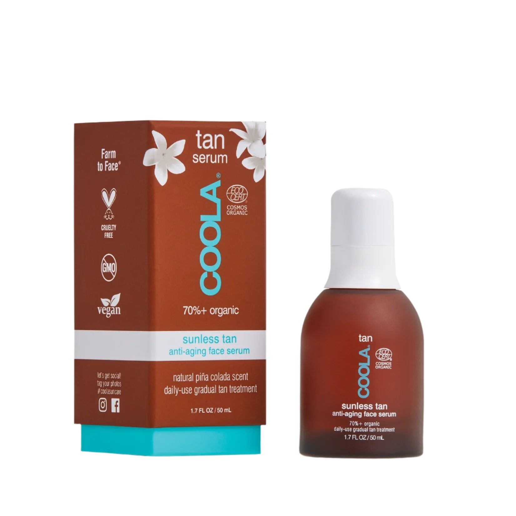 Coola Organic Sunless Tan Anti-Aging Face Serum bottle, self tanner by Coola Suncare with a pump dispenser and natural ingredients.