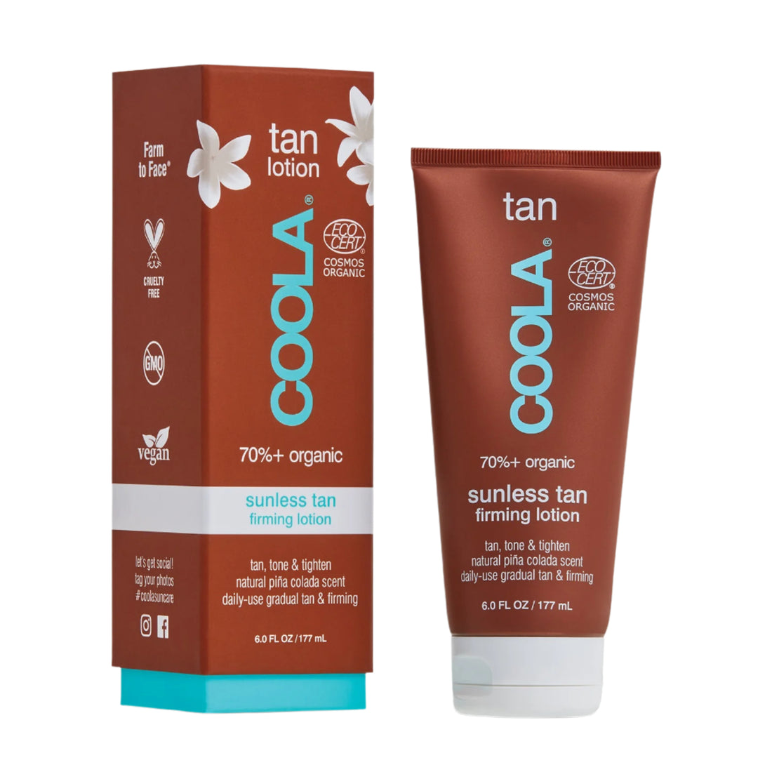 Coola Organic Sunless Tan Firming Lotion self tanner bottle with pump dispenser from Coola Suncare.