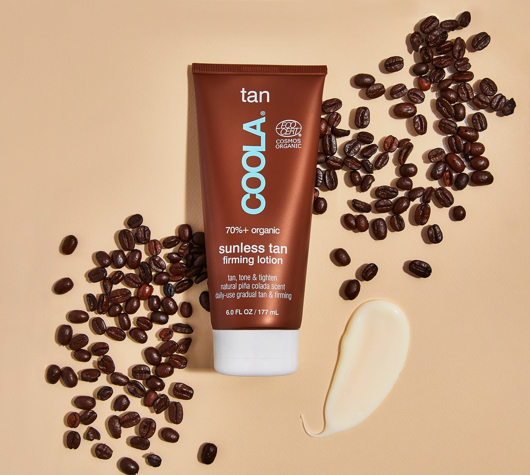 Coola Organic Sunless Tan Firming Lotion in a sleek bottle, a self-tanner by Coola Suncare, showing the product label and packaging.