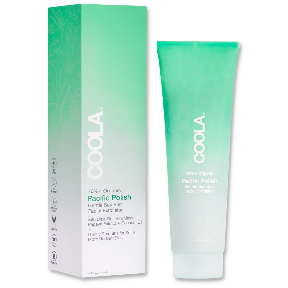 Coola Pacific Polish gentle sea salt facial exfoliator in a jar, showing the natural sea salt and creamy texture of the face scrub.