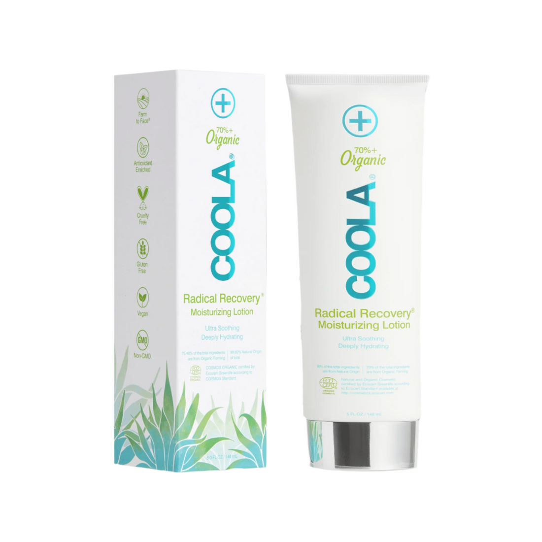 Coola Suncare Radical Recovery organic moisturizing lotion for after sun skin soothing and hydration, with eco-certified ingredients.