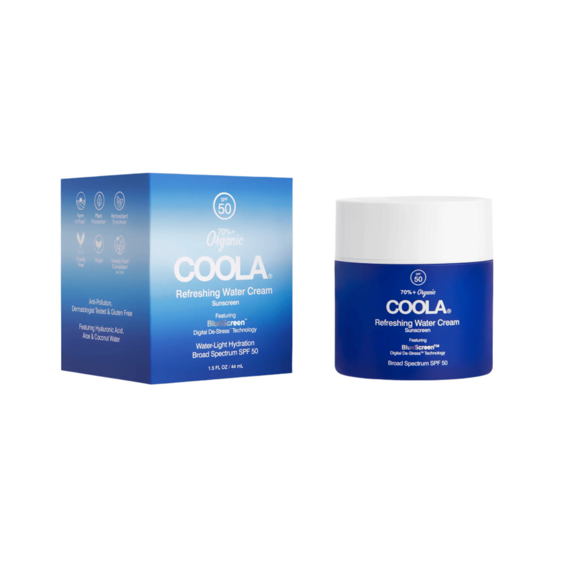 Coola Refreshing Water Cream Organic SPF 50 face sunscreen in a lightweight moisturizer with hydrating texture and SPF protection.