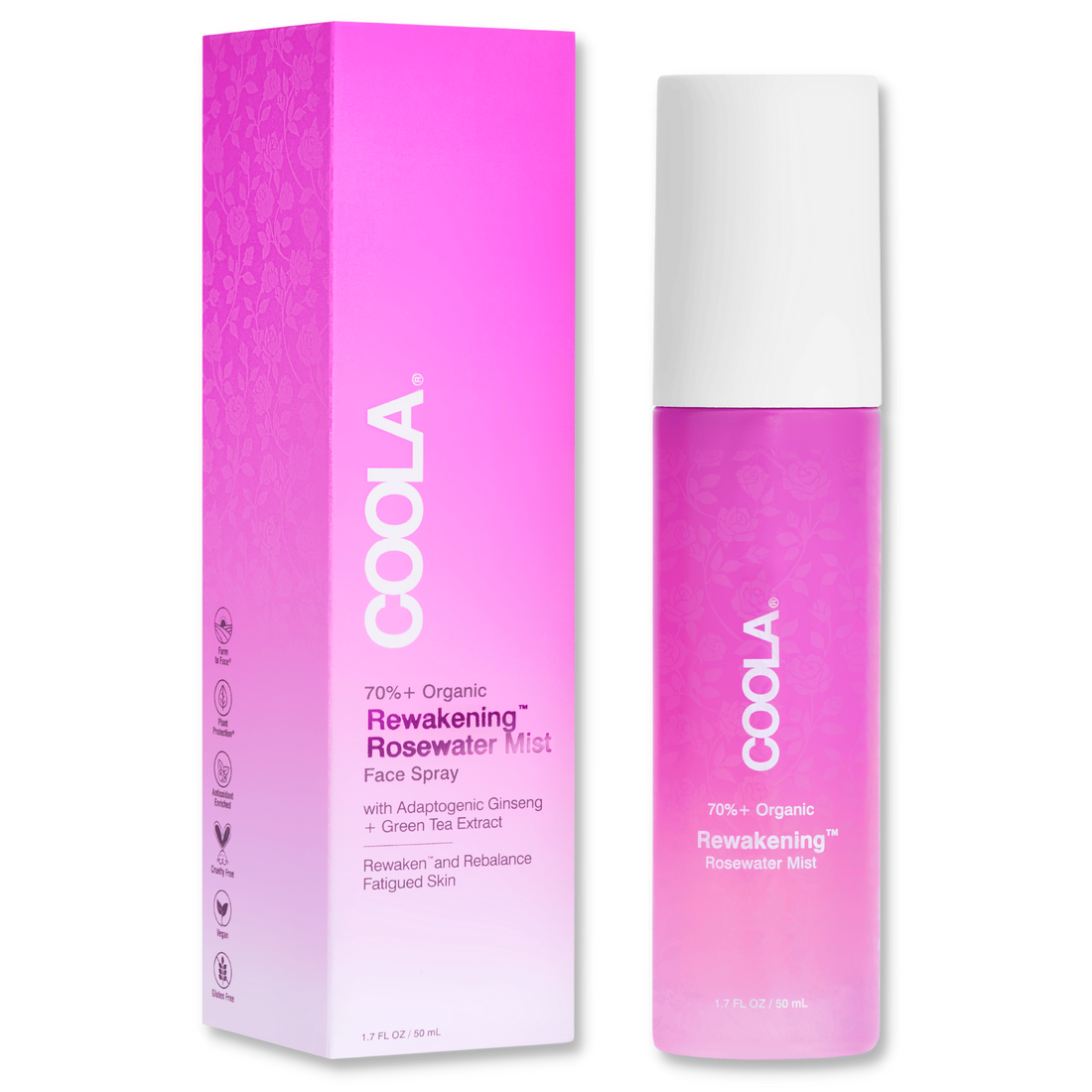 Coola Reawakening Rosewater Mist face spray in a clear bottle with a spray nozzle, featuring a rose-themed label for skincare.