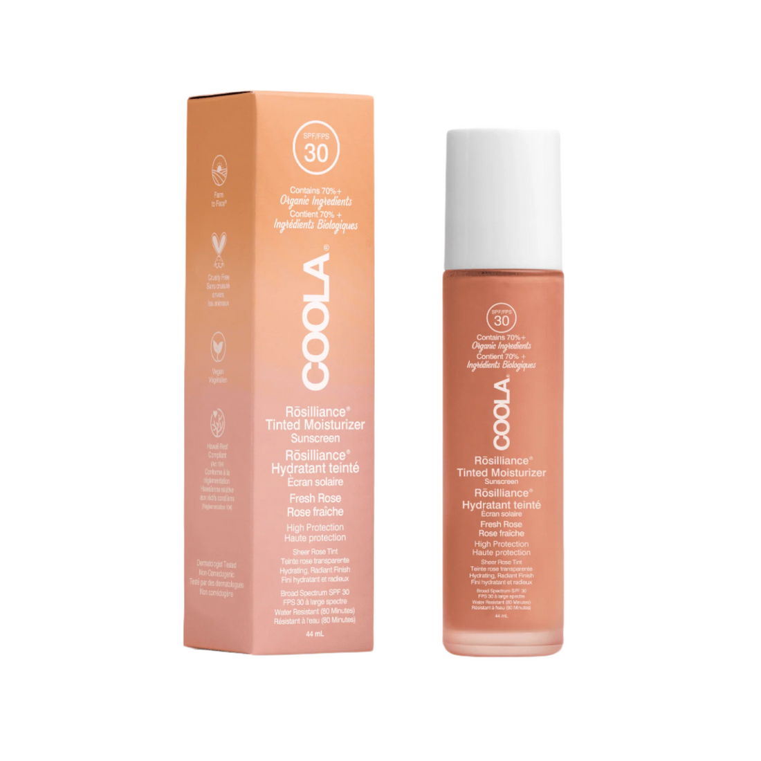 Coola Rosilliance Mineral BB+ Cream tinted organic sunscreen SPF 30 in fresh rose shade, in a tube with a pump dispenser.