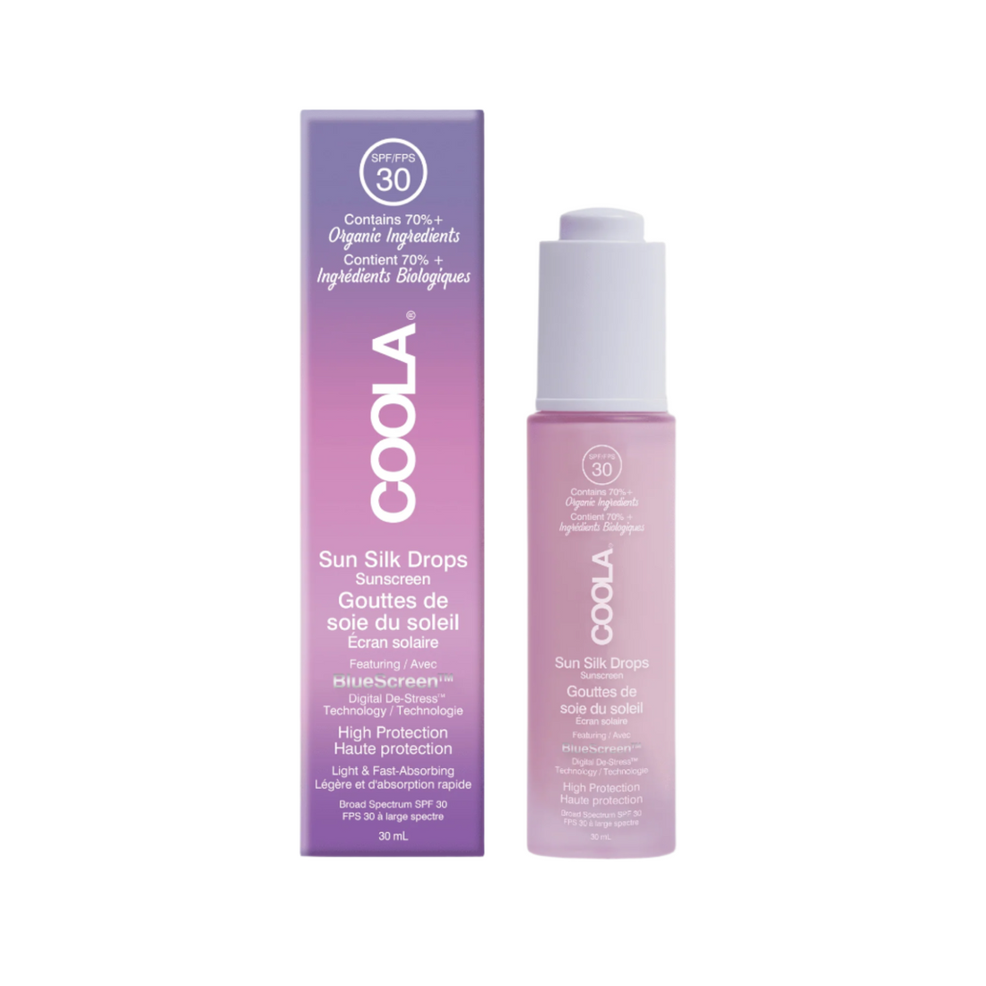 Coola Sun Silk Drops organic face sunscreen serum with SPF 30, featuring lightweight, smooth texture for radiant skin protection.