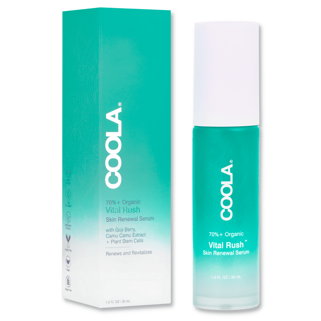 Coola Vital Rush Skin Renewal Serum in a glass bottle with a dropper, part of Coola Suncare's skincare line.