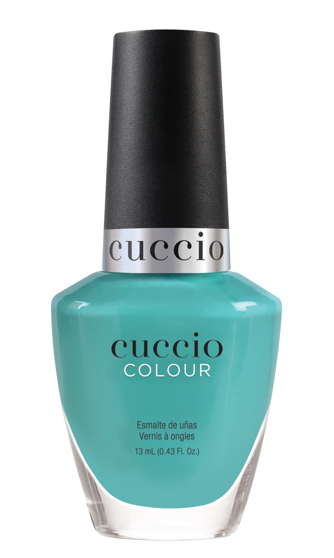Cuccio Colour Aquaholic nail polish bottle showing vibrant blue shade with the Cuccio Colour branding visible.