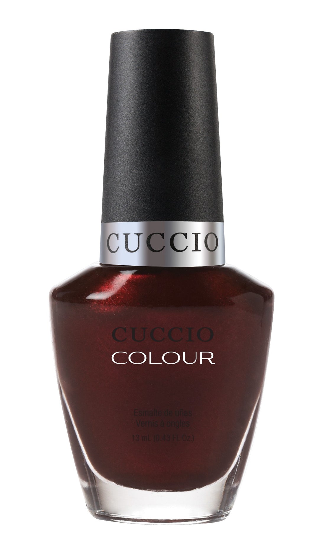 Cuccio Colour Beijing Night Glow nail polish bottle with black cap and vibrant, shimmering dark purple shade.