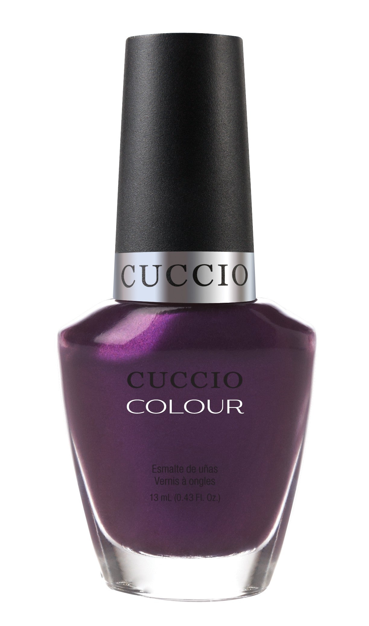 Cuccio Colour Brooklyn Never Sleeps nail polish bottle with vibrant pink and purple shades, showcasing the Cuccio Colour brand.